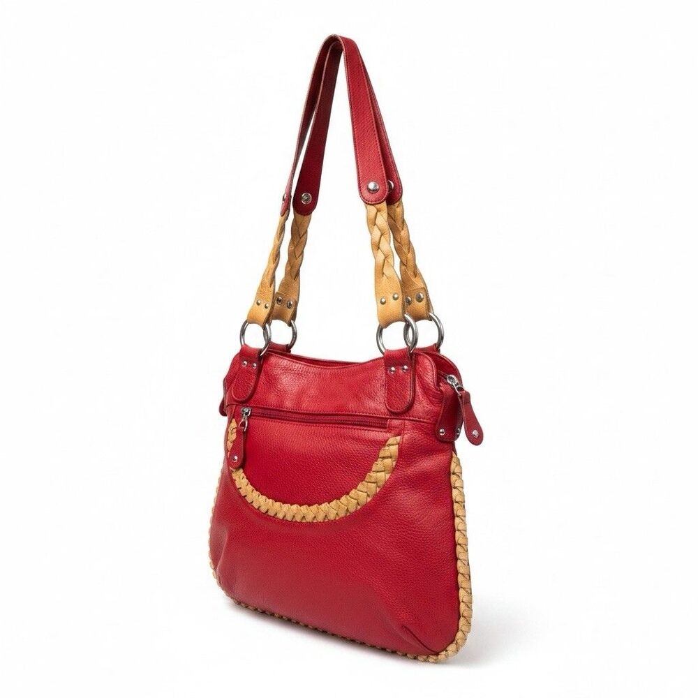 Vintage Petusco Red Leather Handbag W/ Braided Beige Trim Zip Close Spain